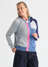 Load image into Gallery viewer, A woman modeling a color-blocked zip-up hoodie with a gray body, blue sleeves and hem, a white shoulder panel, and a bright pink front zipper, paired with dark blue jeans against a light gray studio background.
